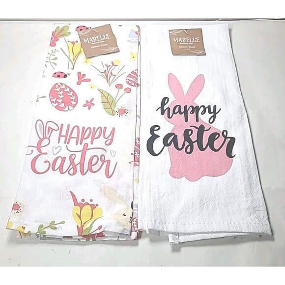 NEW  MABELLE Set Of 2 Spring/Easter Dish Towels Happy Easter Bunny 15"X25" - Picture 1 of 6